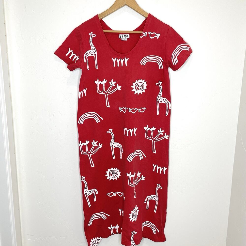 M. Mac Animal Rainbow Print Midi Dress Womens Small Red Short Sleeve